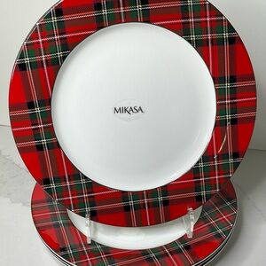 4 Mikasa Dinner Plates Bone China Christmas Tartan Plaid Red 11” New